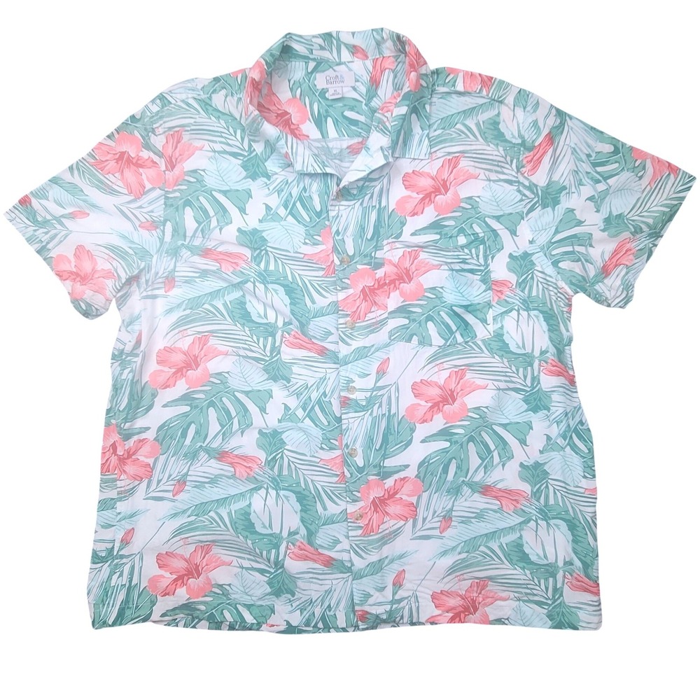 Croft & Barrow Mens XL Tropical Hibiscus Floral Button Down Shirt Pink Green‎